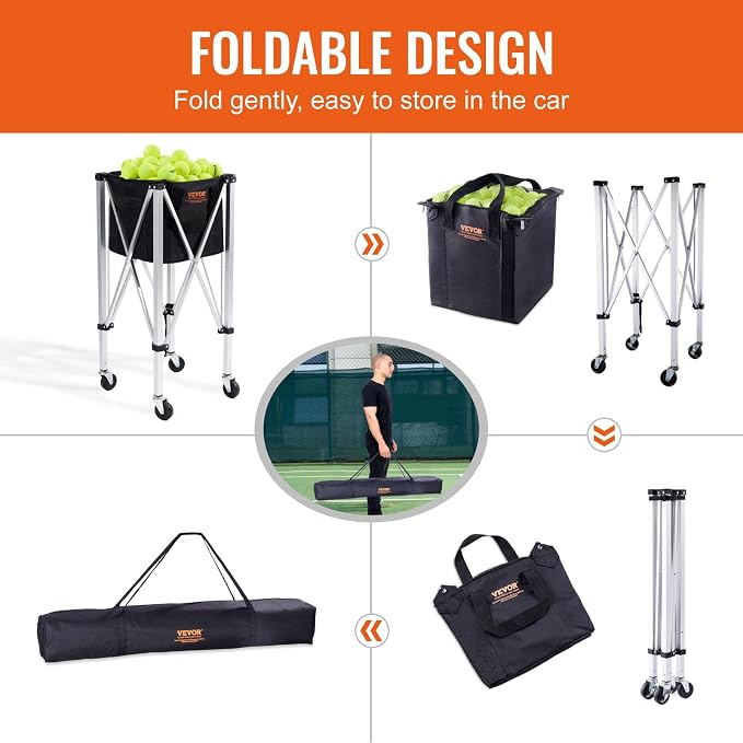 VEVORFoldable Tennis Ball Hopper, Holds 150-180 Tennis Balls, Lightweight Aluminum Alloy Tennis Ball Basket Cart with Wheels for Tennis Player