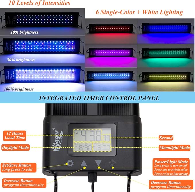 hygger Auto On Off LED Aquarium Light 30-36 Inches Dimmable 7 Colors Full Spectrum Fish Tank Light Fixture for Freshwater Planted Tank Build in Timer Daylight Moonlight & DIY Modes
