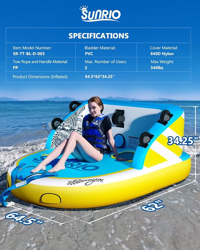 2025 Upgrade Towable Tubes for Boating 1-3 Riders Inflatable Water Sport Towable Tube for Boat Heavy Duty Nylon Cover with Zipper Bolster Fins Safety Air Valve Padded Handle