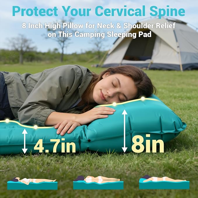 Camping Sleeping Pad, 4.7 Inch Thick Inflatable Sleeping Mat with 8 Inch Pillow, Built-in Foot Pump, Ultralight Compact Self Inflating Sleeping Pad for Backpacking Hiking Travel Tent