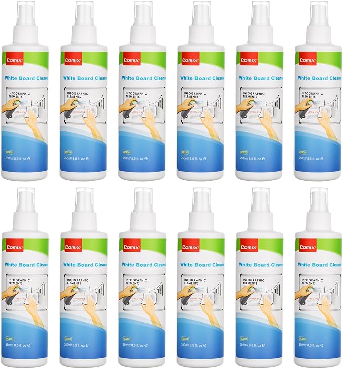 Comix Non-toxic Whiteboard Cleaner, 8.5oz White Board Cleaning Spray, Low Odor Dry Erase Cleaner, 12 Pack