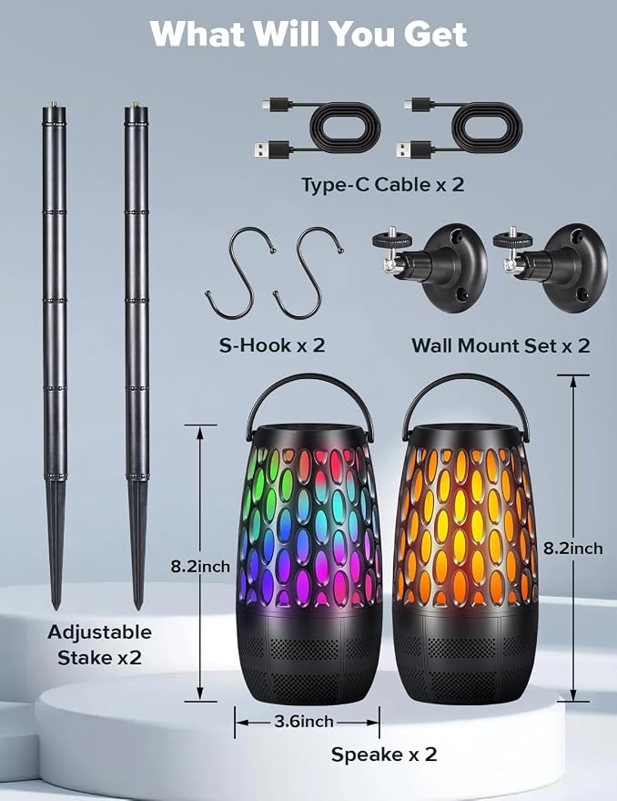 Outdoor Speakers with Flame & RGB Lights, 10W HD Stereo, Bluetooth 5.3 Auto-Pairing, Multi-Sync 100+ Speakers, IPX6 Waterproof, Perfect for Patio, Pool, Party | Gifts for Men & Women (2Pack)