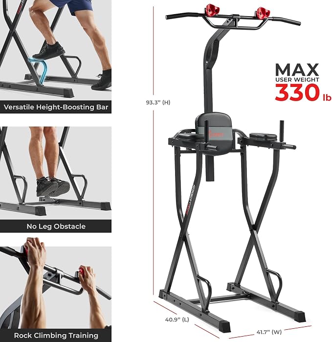 Sunny Health & Fitness Power Tower Dip Station & Pull-Up Bar, Multi-Function Strength Training Equipment with Captain’s Chair, Push-Up Bars & Core Workout for Home Gym