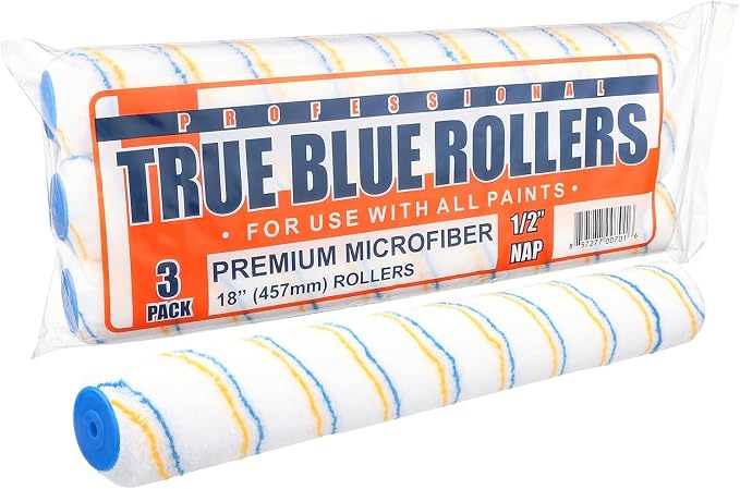 True Blue 18" Professional Paint Roller Covers, 18 Inch, Best for All Types of Painting Surfaces, Refill Bulk Pack (3, 1/2" Nap)