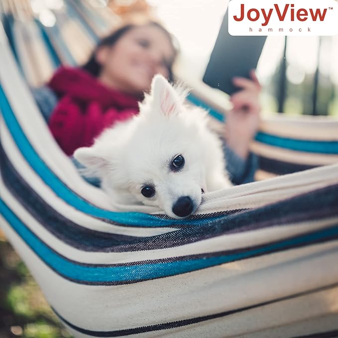 JoyView Brazilian Hammock for Single Person Portable Hammock with Hanging Ropes & Carry Bag Large 78.8x39.4” for Patio 300LBS Capacity Perfect for Outdoor/Indoor - Blue Stripe