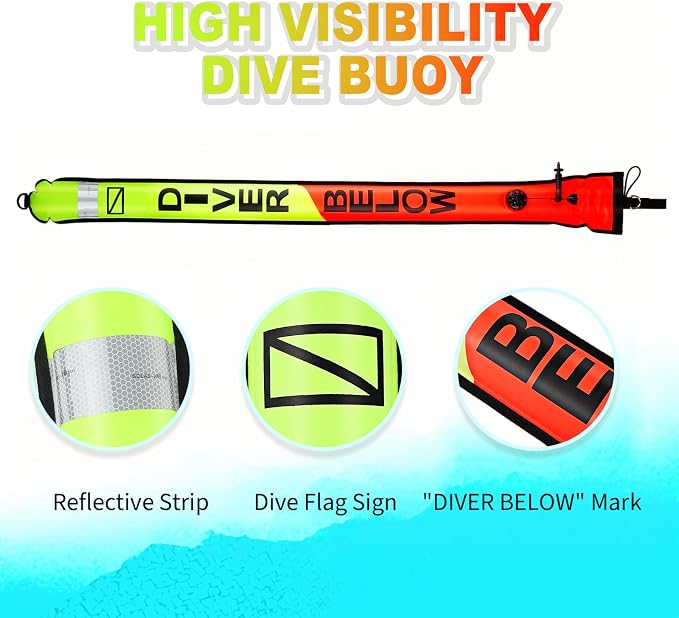 Surface Marker Buoy, 5ft Scuba SMB High Visibility Open Bottom Dive Buoy with Oral Inflator, OPV and Reflective Strip, Inflatable Signal Tube Safety Sausage (Orange+Fluorescent Yellow)