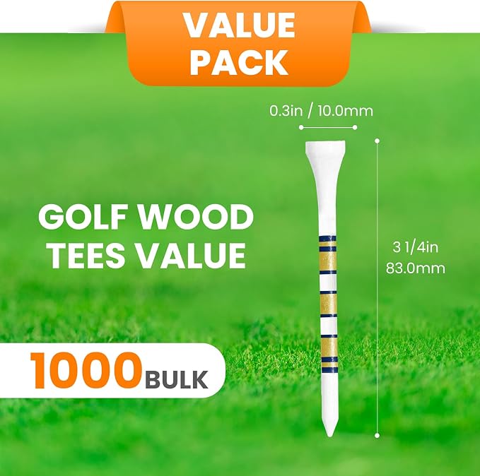 Golf Tees Wood 3 1/4 2 3/4 Inch Value 500/1000 Pack with Bright Colors & Consistent Height, High Visibility with Gold Stripes for Course Practice
