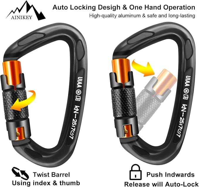 UIAA Certified Professional Heavy Duty Large Locking Carabiner Clips Climbing Carabiner 25kN Auto Locking Carabiner for Rock/Ice Climbing Rappelling Rescue Swing etc, D Shaped