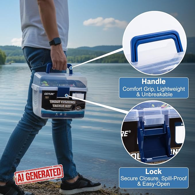 Goture 2-Layer Fishing Tackle Box with Trout Fishing Lures Kit Included, Portable Tackle Organizer with Hooks Sinkers Spinners & Soft Baits, Ideal Fishing Gifts for Men Anglers