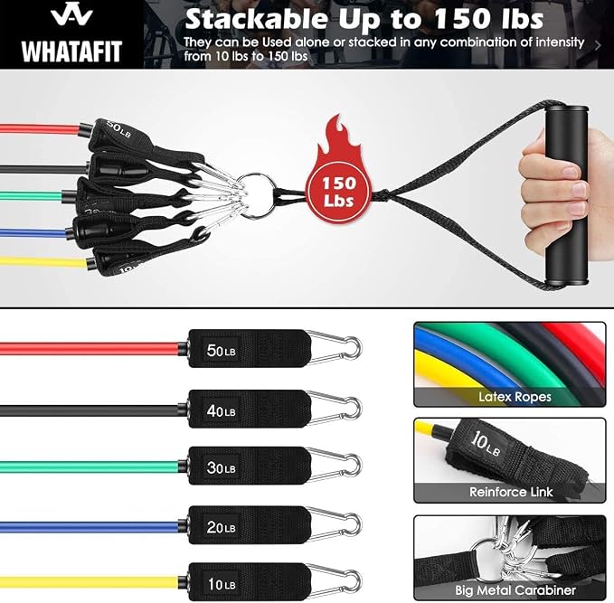 WHATAFIT Resistance Bands, Exercise Bands, Workout Bands with Handles, Door Anchor and Ankle Straps, 5 Resistance Levels Fitness Bands for Strength Training, Physical Therapy, and Home Gym Equipment
