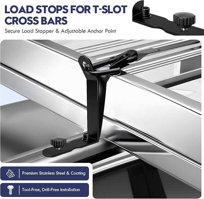 Extended Load Stops for T-Slot Cross Bars 4-Pack, Stainless Steel Replacement with Secure Locking Clamps- Compatible with Roof Racks for Kayak, Canoe, Ladder, Ski, Surfboard, Paddleboard, Snowboard