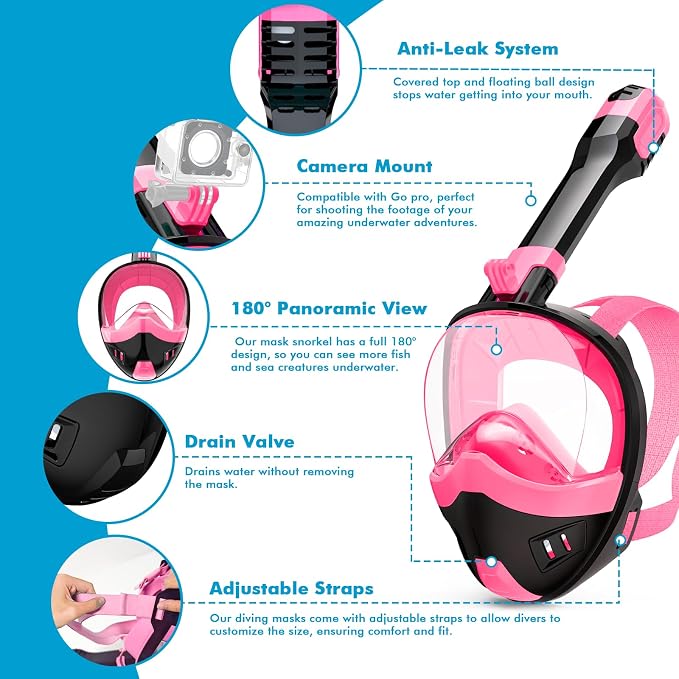 Full Face Snorkel Mask, Snorkeling Gear for Adults Kids with Latest Dry Top Breathing System and Detachable Camera Mount, with 180 Degree Panoramic View