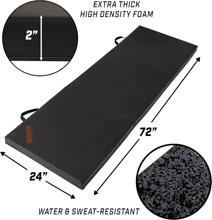 GoSports 2 inch Thick 6 ft x 2 ft Tri-Fold Exercise Fitness Mat - Great For Workouts, Yoga, Stretching