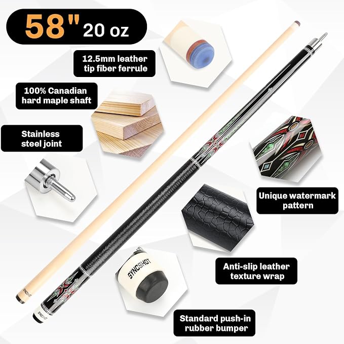 Professional Pool Cue Stick with Hard Case, 58" Canadian Maple Billiard Cue & 12.5mm Multi-Layer Rainbow Tip, Pool Cue Set with 3 Accessories, 19/20/21oz Billiard Stick (Selectable)