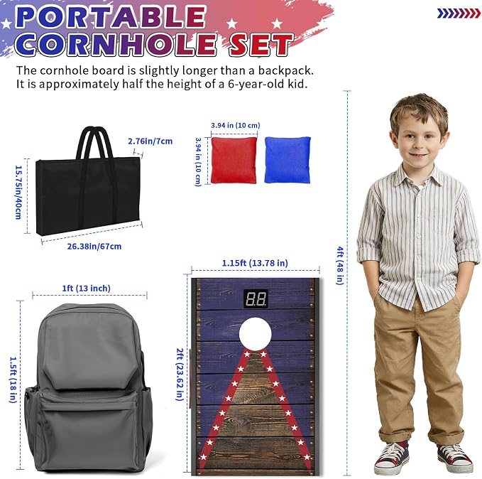 Electronic Cornhole Board Set 4x2ft 3x2ft 2x1ft, Automatic Scoring Corn Hole Games for Adults & Kids, Wooden Portable Cornhole Set with 8 Bean Bags & Carrying Bag for Outdoor, Tailgate, Party