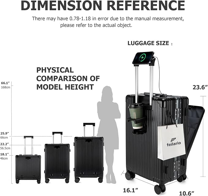feilario Aluminium Frame PC Hard Shell Spinner Wheels Luggage,22.5"X15"X9.5" Airline Approved Built-In TSA lock Carry on Suitcase, with Cup Holder, USB Port, Phone Holder