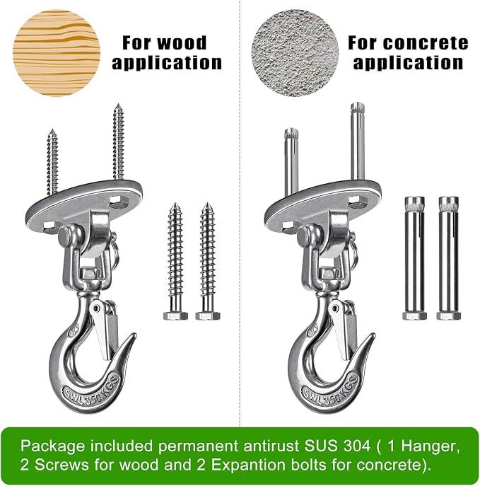 SELEWARE Heavy Duty 1000LB Capacity Stainless Steel Ceiling Swing Mount 360 Swivel Swing Hooks for Aerial Yoga Hammock Chairs Porch Swing Punching Bags
