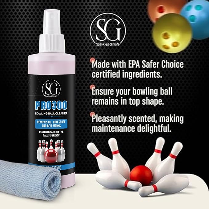 Bowling Ball Cleaner Spray - Oil, Scuff, and Belt Mark Cleaner Restores Tack, Prolongs Lifespan of Ball - EPA Safer Bowling Ball Restoration - Bowling Accessories - 8FL Oz