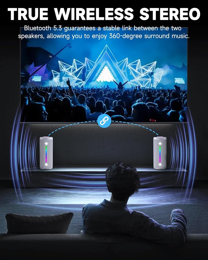 OHAYO Bluetooth Speaker, Portable Wireless, IPX7 Waterproof, Powerful 25W Sound, 24H Playtime, Dual Pairing, Active Bass, Colorful Lights, Bluetooth 5.3, Outdoor Speakers for Home/Party/Beach, White
