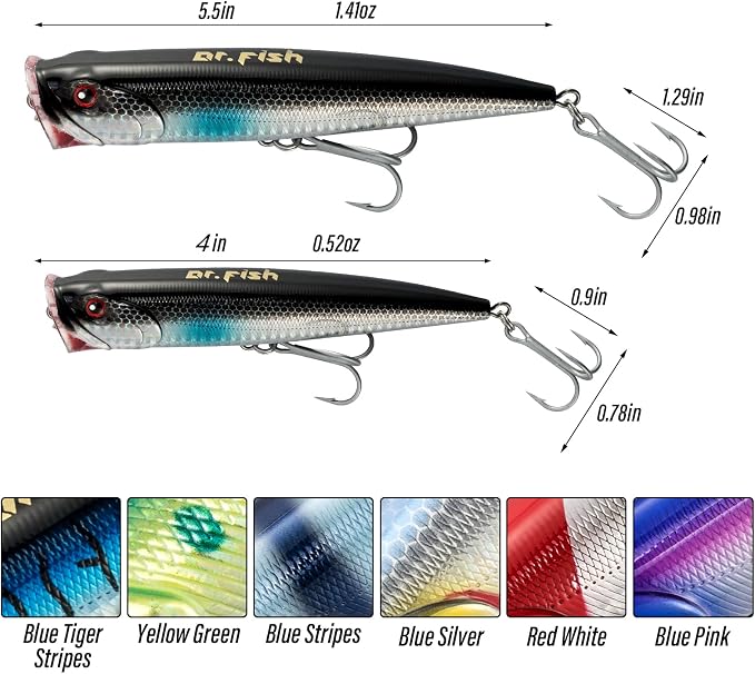 Dr.Fish Popper Saltwater Fishing Lures, 4/5.5 Inches GT Popper VMC Treble Hooks Surf Fishing Lures for Bass Striper Pike Salmon Offshore