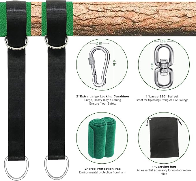 Tree Swing Hammock Straps Kit 5FT, Strong & Durable Tree Swing Straps Hanging Kit with Tree Protector, Safer Lock Snap Carabiner Hooks, Holds Up to 5000 lbs, Safer & Easy Installation for Baby Adults