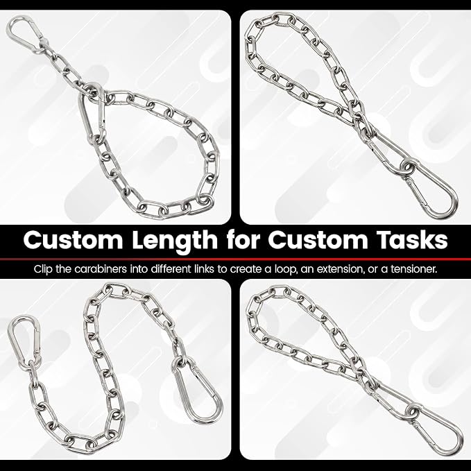 sprookber 1000LB Heavy Duty Hanging Swing Chain, 6mm Thick 304 Stainless Steel Hanging Chain with 4 Carabiners, 25" Hardware Kit for Hammock, Hanging Chair, Punching Bags, Tree, Indoor & Outdoor