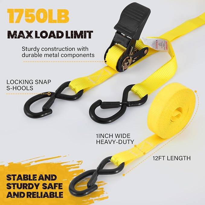 1" x 12' Heavy Duty Ratchet Straps (4-Pack) - 1,750lb Break Strength Yellow Tie Down Straps for Moving, Appliances, Furniture, Motorcycle, Truck & Trailer