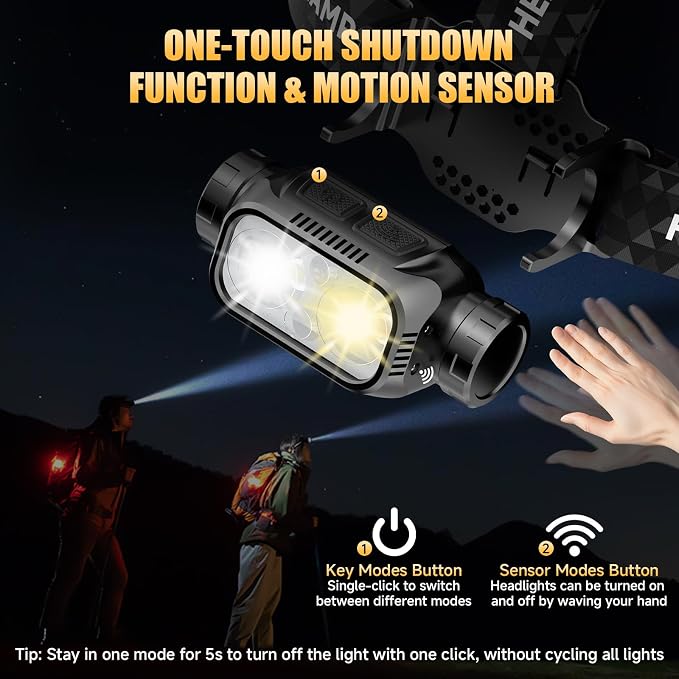ATDOALL Rechargeable LED Headlamp, High Lumen Super Bright Head Lamp with Red Light, Motion Sensor, 5 Modes, 90° Adjustable, Waterproof Lightweight Headlamps for Adult Running, Camping, Fishing