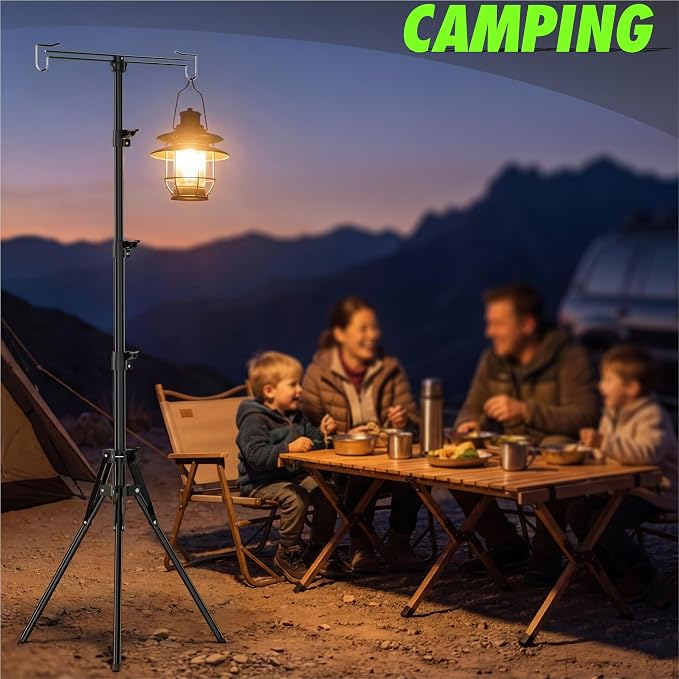 Telescopic Height Adjustable Camping Lantern Tripod Stand - 2-Hook Lantern Hanger for Outdoor Camping/RV/Tent