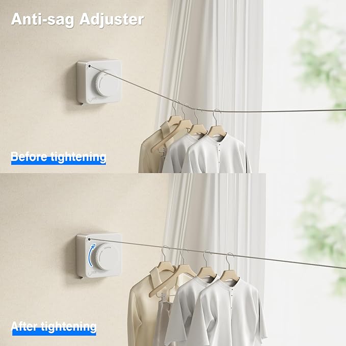 MUSTORN Retractable Clothesline Indoor, Non-Sagging Outdoor Clothes Line Retracting Heavy Duty Clothes Drying Laundry Line Wall Mounted Stainless Steel Line-15.1 Feets(Square-White)