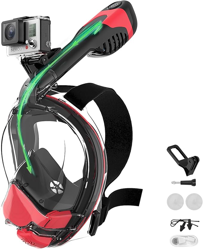 Electric Full Face Snorkel Mask for Adults, Fan-Assisted Airflow Snorkeling Gear, 180° Panoramic Anti-Fog View, Dry Top Leak-Resistant Design with Camera Mount for Beach Vacation