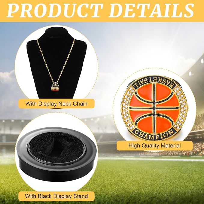 Highergo 1 PC Champion Mvp Rings Baseball Soccer Basketball Volleyball Football Softball Trophy Ring with Display Stand and Neck Chain Size 11 for Winner Tournament Award Gift(Baseball)