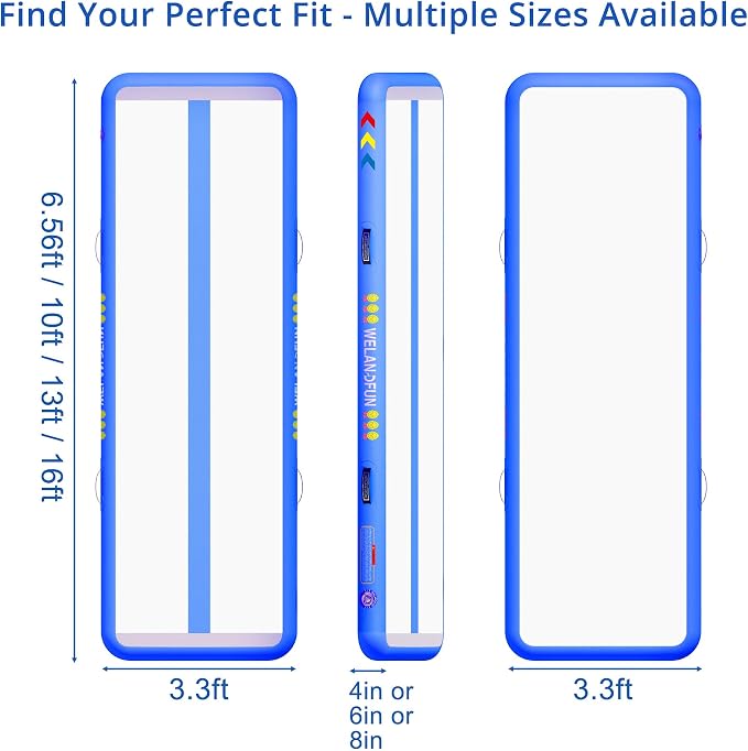 Air Tumble Track Mat for Gymnastics | 4/6 / 8 inches Air Tumbling Mats, 6.56/10 / 13 / 16ft Inflatable Gymnastics Mat for Home Use, Training, Cheerleading, Water Yoga with Electric Air Pump