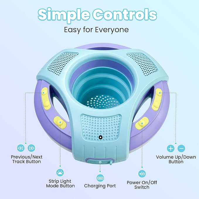 Mambobaby Float Bluetooth Speaker with Foldable Cup Holder, IPX7 Waterproof Bathroom Speaker, 360° Surround Sound, Colorful LED Lights, Dual Speakers, Ideal for Pool, Beach & Outdoor Use-Blue Purple