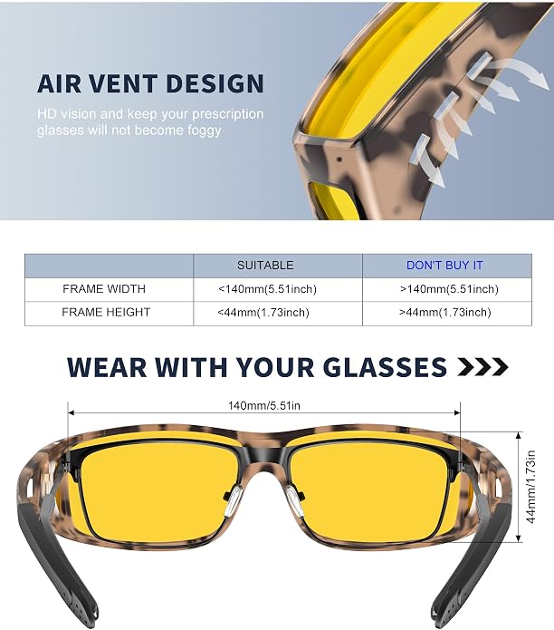 KALIYADI Night-Vision-Glasses Fit-Over-Glasses Wrap-Around Glasses: Anti Glare Night Driving Glasses for men women HD Lens