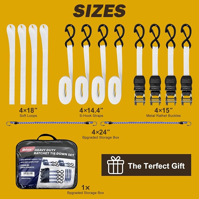 Heavy Duty 1" x 15' Ratchet Straps (4 Pack) - 2200 lb Break Strength with Soft Loops & Coated S-Hooks for Truck, Trailer, Motorcycle, ATV, UTV, Boat, Car Accessories (White)