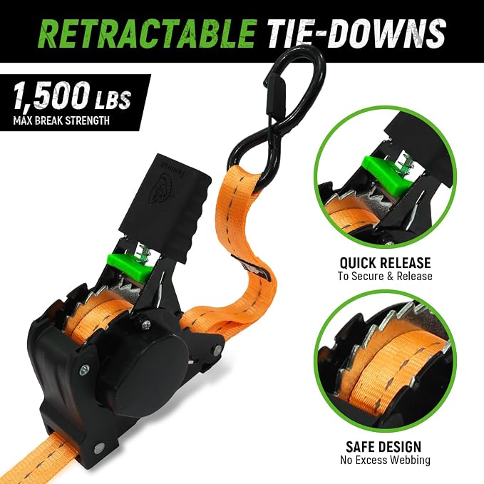 Retractable Ratchet Straps(4 Pack) - 1in x 10ft Self Retracting Ratchet Straps with Soft Loops, 1,500 lbs Break Strength Retractable Tie Down Straps, Easy Retract for Motorcyle, Cargo, Truck, Trailer