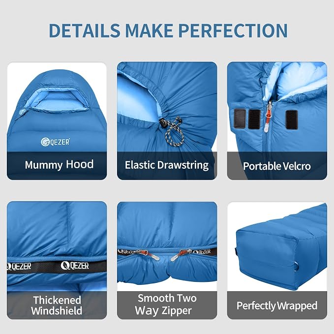 0 Degree Sleeping Bag for Adults 650 Fill Power Down Sleeping Bag for Cold Weather -20F / -8F / 0F / 10F Large Lightweight