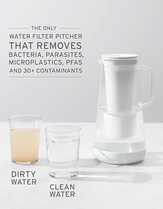 LifeStraw Home — Water Filter Pitcher, 7-Cup, White, Glass with Silicone Base, BPA Free Designed for Everyday Protection Against Bacteria, Parasites, Microplastics, Lead, Mercury