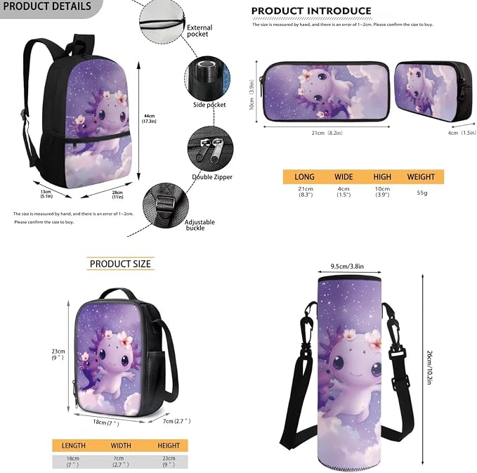 Axolotl Backpack for Girls Bookbag with Lunch Box, Children Boys School Bag with Lunch Bag Pencil Case Water Bottle Holder Set 4 in 1 School Supplies