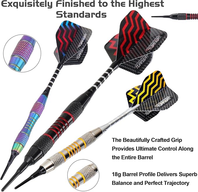 Turnart Darts Plastic Tip - Professional Soft Tip Darts Set for Electronic Dartboard 9 Pcs 18 Grams with 50 Extra Tips 9 Shafts 27 Flights Tool Kit Flight Protectors and Gift Darts Case