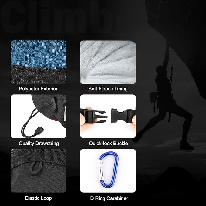 Rhino Valley Climbing Chalk Bag, No Leak Drawstring Chalk Bag with Adjustable Belt, Carabiner Clip and Zippered Pockets Chalk Bag for Rock Climbing, Cross Fit, Weight Lifting & More