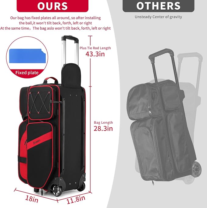 BOSSTIN 3 Ball Bowling Bags with Wheels, Secure Adhesive Fixed Ball Cup & Shoe Compartment, Bowling Ball Bag 3 Ball Roller with Multi-Pockets