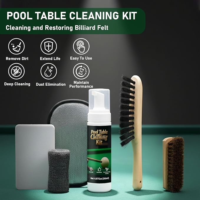 200ml Billiard Tables Cleaner Spray Set, Billiard Felt Cleaner Accessories with 2 Pool Table Brushes, 1 Steel Wire Sponge, 1 Cloth