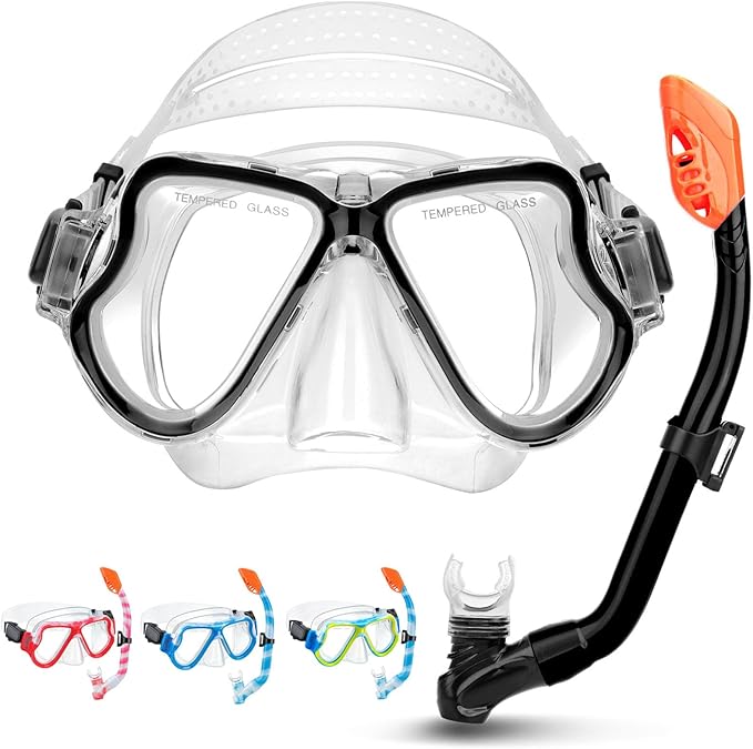 Snorkeling Gear for Kids, 4 in 1 Child Mask Fins Snorkel Set with Panoramic View Anti Fog Mask, Dry Top Snorkel, Trek Fins and Travel Bag, Kids Snorkeling Set with Fins for Snorkeling Swimming