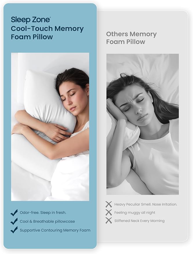 SLEEP ZONE Cooling Memory Foam Firm Pillow Standard, Breathable, Odorless, Cool Surface with High Support for Back and Side Sleepers, Home Hotel Hospital Essentials, 2 Pack White
