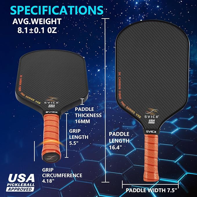 Carbon Fiber Pickleball Paddle 16mm – Professional Pickleball Paddles with Superior Control, Power & Spin – Extended Handle for Two-Handed Grip, USAPA Approved