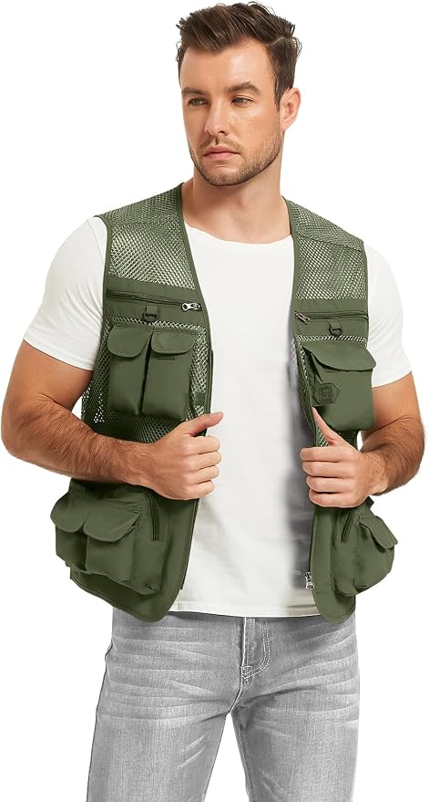 Flygo Men's Fishing Vest Utility Lightweight Outdoor Travel Safari Photo Cargo Vest with 16 Pockets