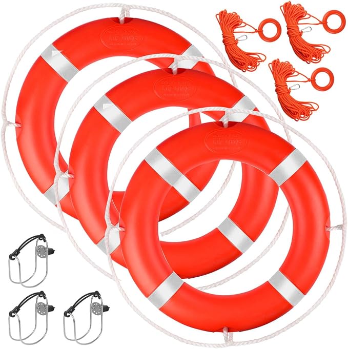 23"/28” Life Ring, Life Preserver Ring with 98.4FT Water Floating Lifesaving Rope,Boat Safety Throw Rings with Reflective Tape,(Orange) - 2 Size