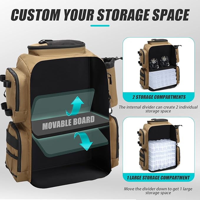 Tactical Fishing Backpack with Tackle Boxes, Rod Holders & Bottle Holder, 50 L Large Insulated Fishing Tackle Box Backpack with Cooler, Fishing Bag Store Gear & Equipment, 900 D Oxford, Brown